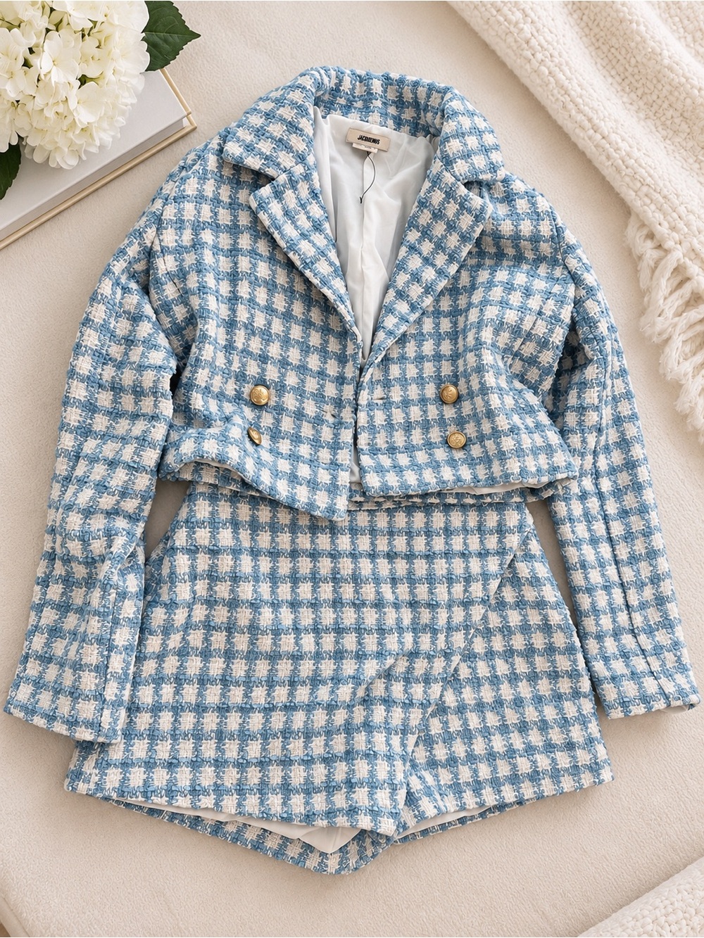 Jason Wu Cropped 2-Piece Tweed Blazer & Skort - Light Blue & White